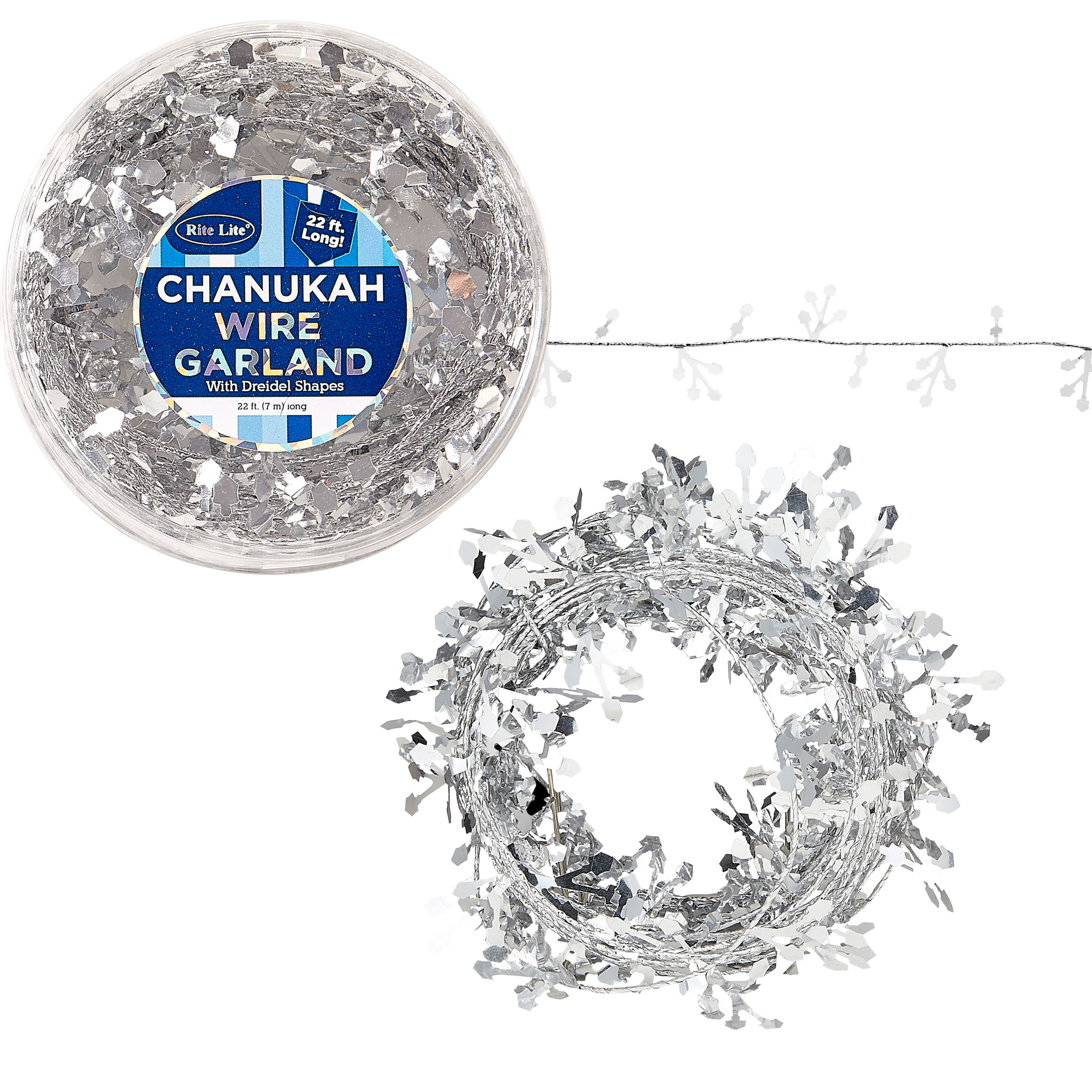 CHANUKAH WIRE GARLAND, 22', SILVER DREIDELS, GIFT BOX