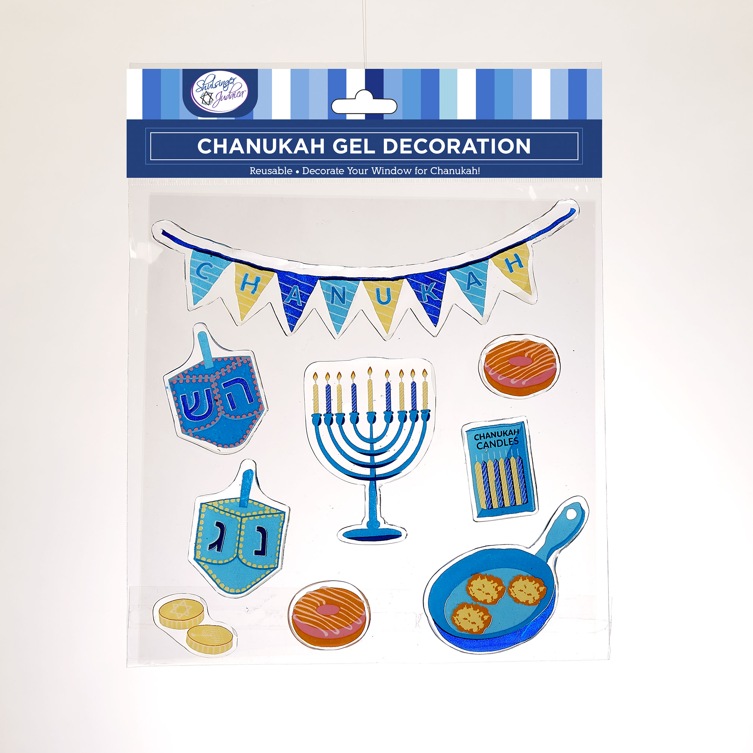 CHANUKAH WINDOW GEL DECO, 9 CHANUKAH ICONS, 8"X9.5", HEADER