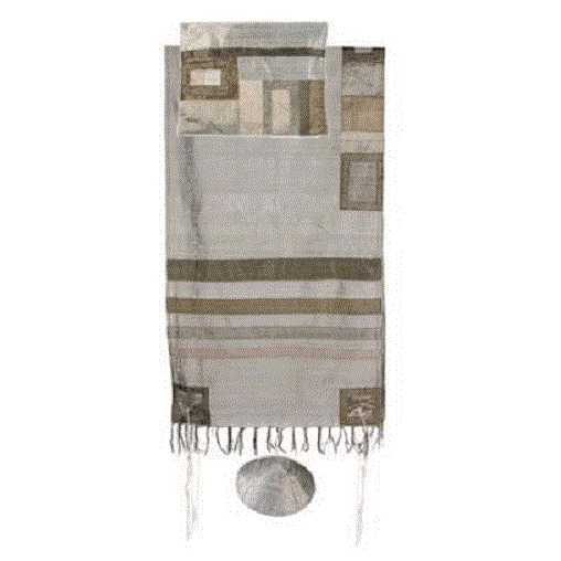 Gray Hand Painted Raw Silk Tallit Set By Yair Emanuel - 21" x 77"