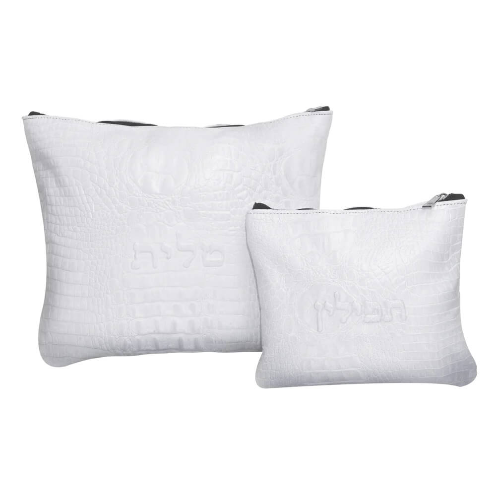 Monochromatic Personalized Tallit & Tefillin Bag Set - Black Glossy Snakeskin Leather