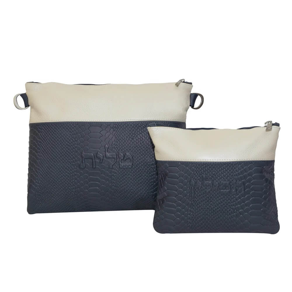 Two Toned Multi-Textured Personalized Tallit & Tefillin Bag Set - Navy/ivory Leather