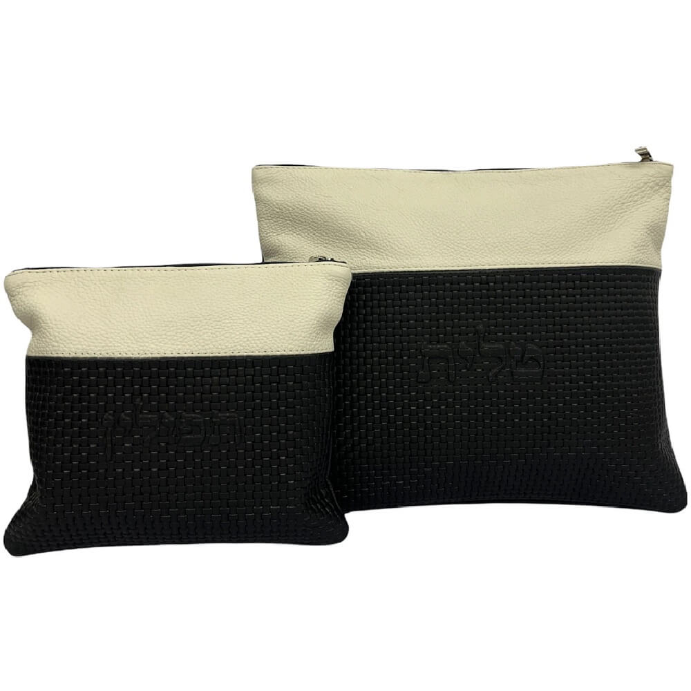 Monochromatic Personalized Tallit & Tefillin Bag Set - Faded Gray Leather