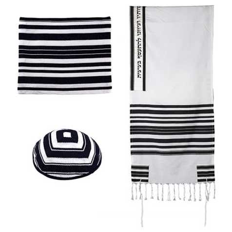 Black Woven Stripes Tallit With Bracha On The Atara - 21"