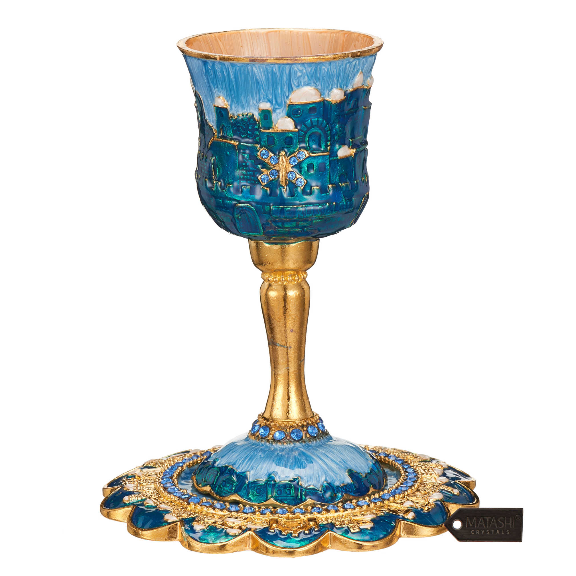 Blue And Gold Hand-Painted Jerusalem Stemmed Kiddush Cup & Plate With Crystals -Perfect For Shabbat