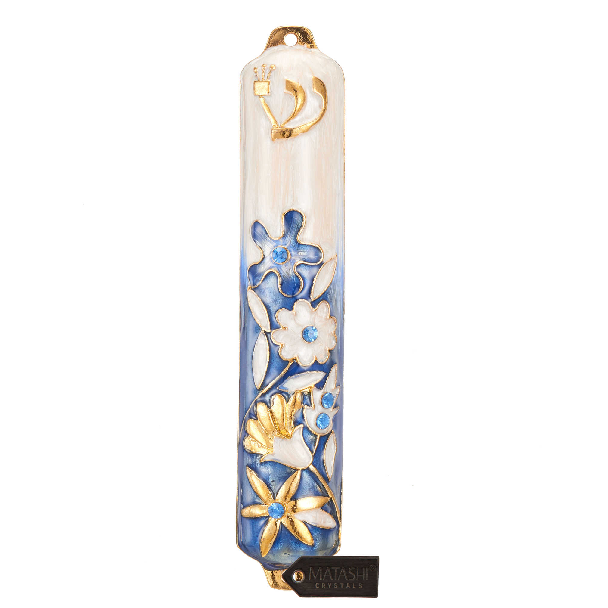 Blue And Ivory Crystaled Hand Painted Flower Mezuzah Case