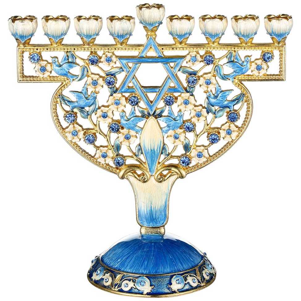 Blue And Ivory Hand Painted Doves & Flowers Crystaled Menorah With Gold Accents -Perfect For Hanukkah