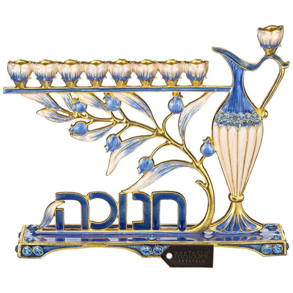 Blue And Rose Gold Hand Painted Branched "חנוכה" Crystalized Menorah With Gold Accents -Perfect For Hanukkah
