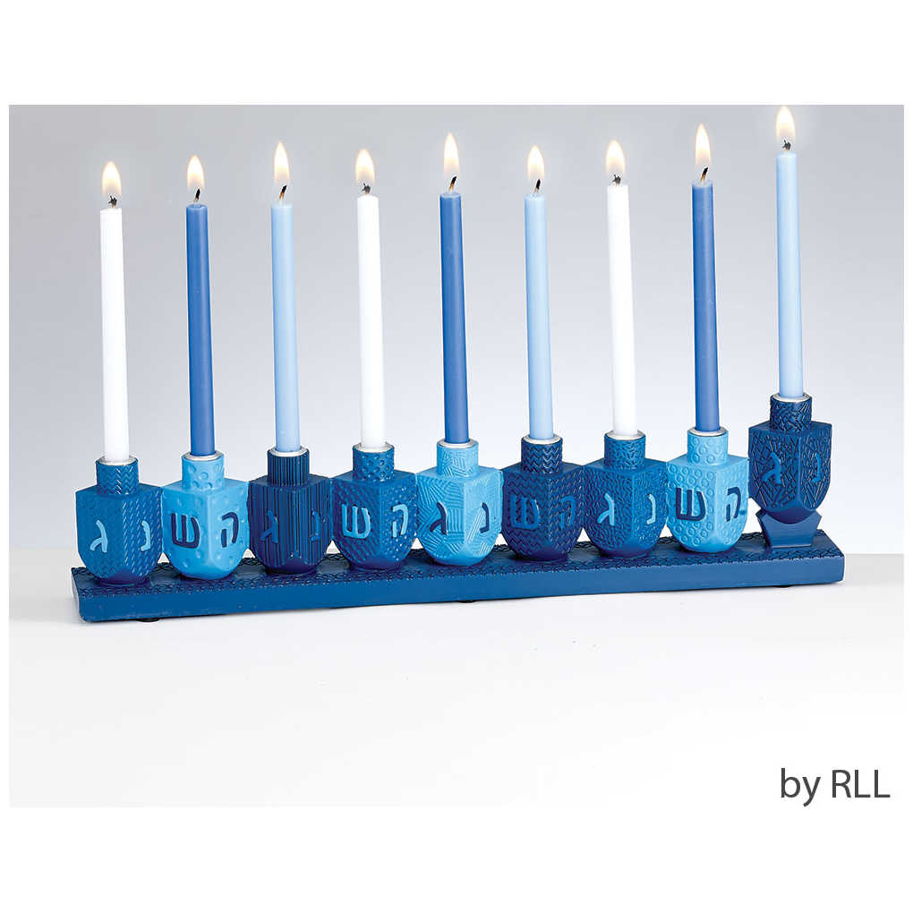 Blue Dreidels Hand-Painted Resin Menorah -Perfect For Hanukkah