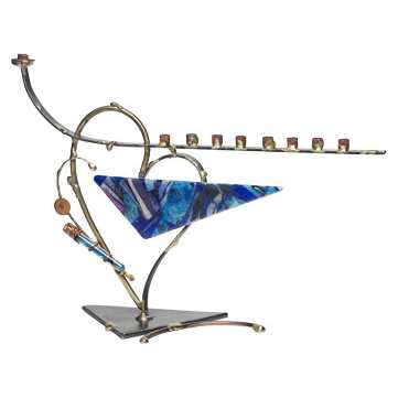 Blue Glass and Fused Metal Heart Wedding Glass Keepsake Menorah
