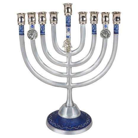 Blue Hamsa Charm Hanukkah Menorah -Perfect For Hanukkah