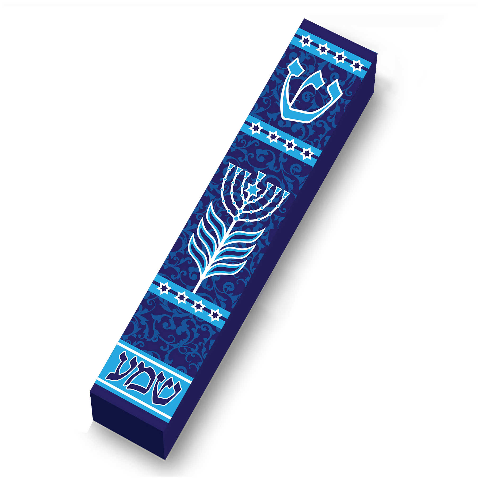 Blue Menorah Shema Wood Mezuzah Case