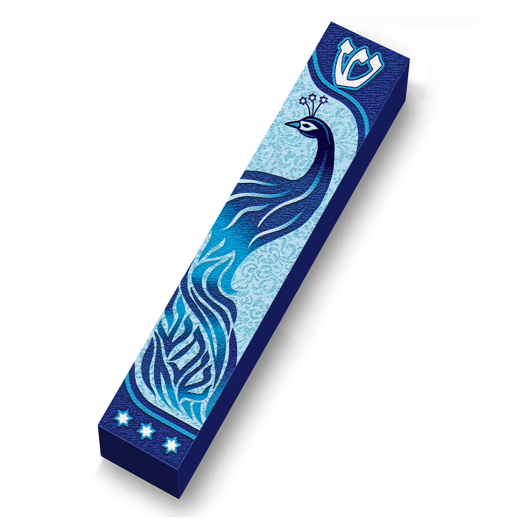 Blue Peacock Shema Wood Mezuzah Case