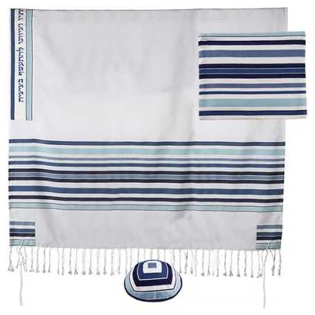 Blue Woven Stripes Tallit With Bracha On The Atara - 57"