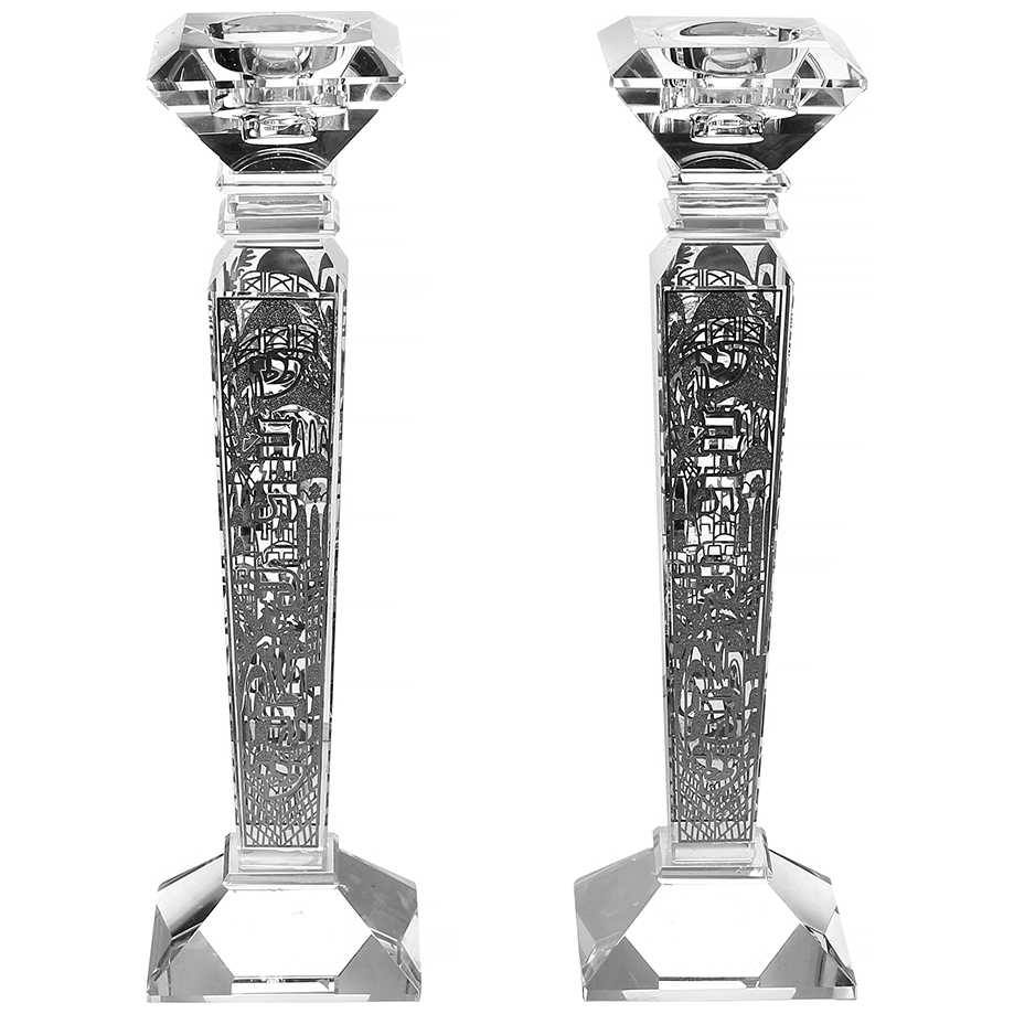 Bohemien Crystal Candlesticks With Silver Jerusalem Design 12"