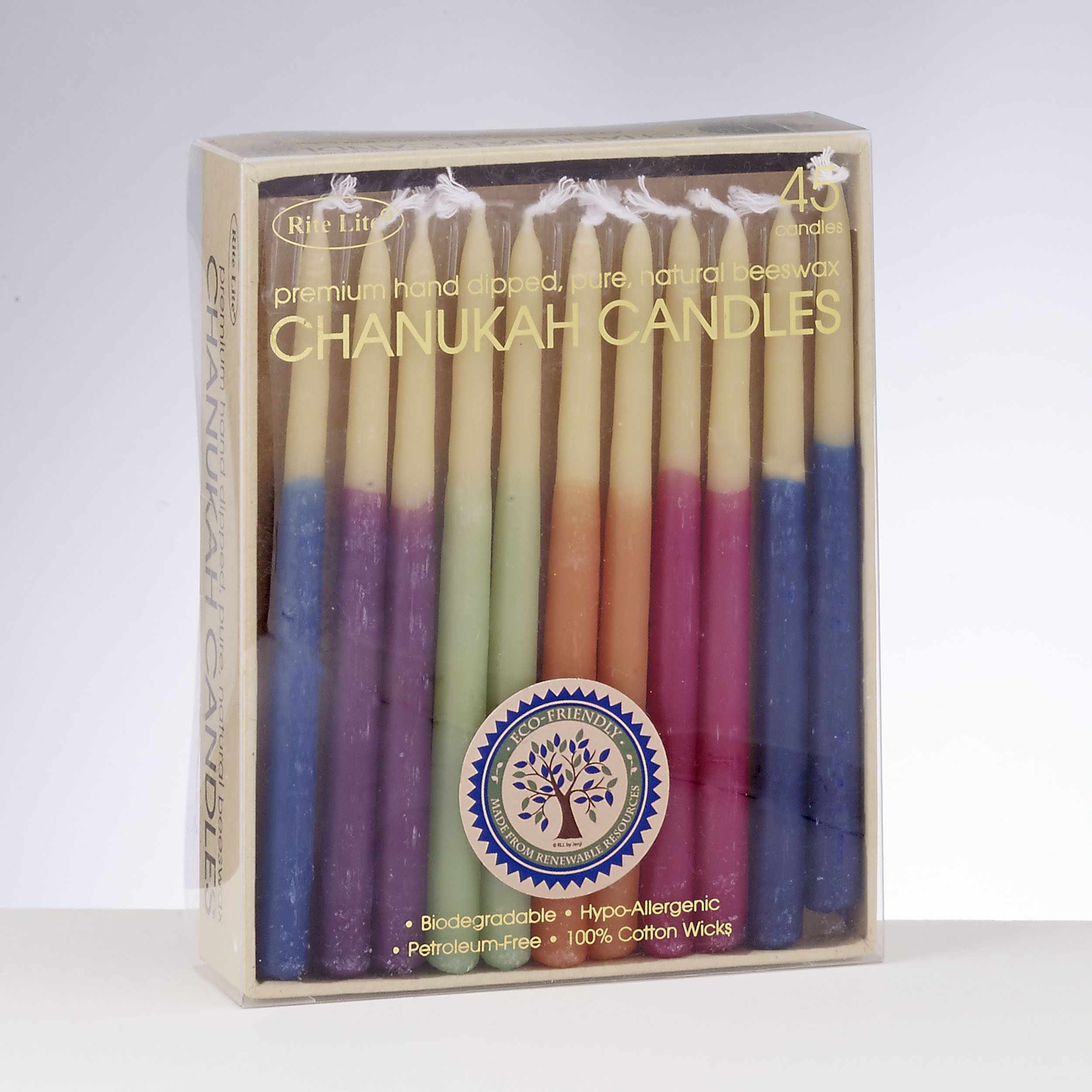 CHANUKAH CANDLES, HAND-DIPPED BEESWAX, MULTI,45/RECYCLE BOX
