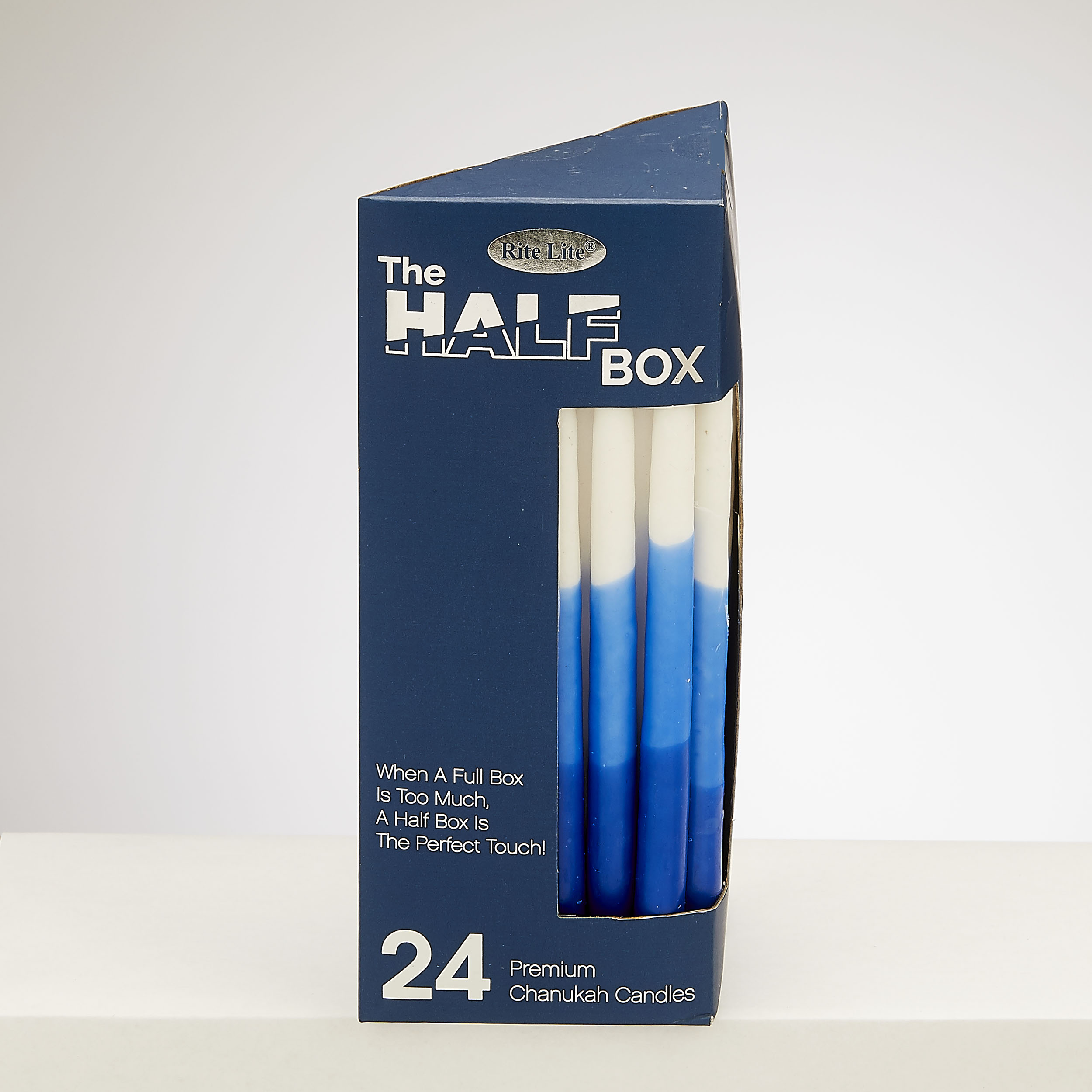 "THE HALF BOX" 24 PACK CHANUKAH CANDLES,BLUE/WHITE TRICOLOR,GFTBX