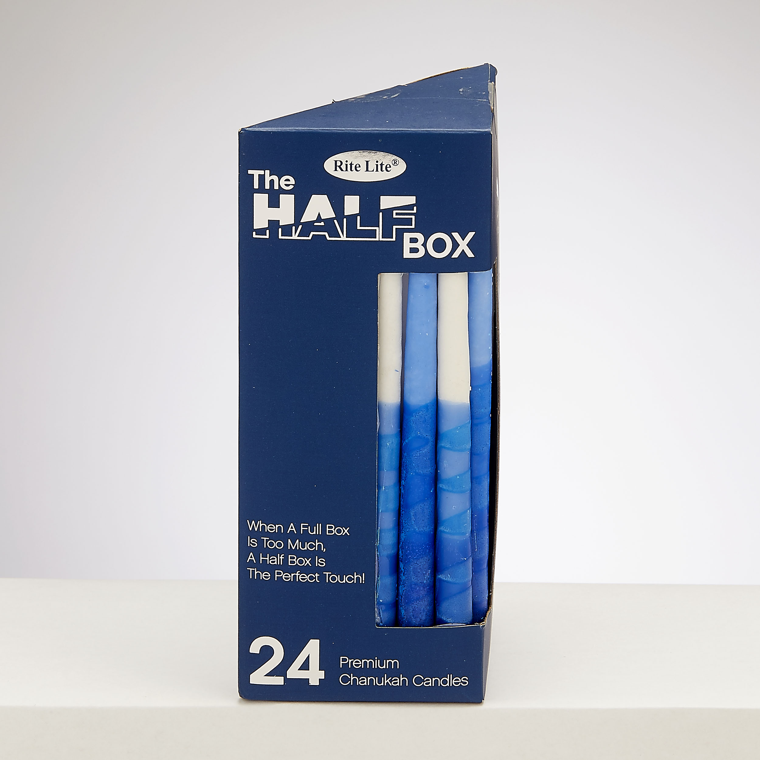 "THE HALF BOX" 24 PACK CHANUKAH CANDLES,HANDCRAFTED BL/WH,GIFTBOX