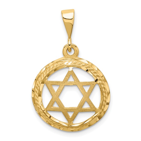 14K Yellow Gold Textured Star Of David Circle Pendant