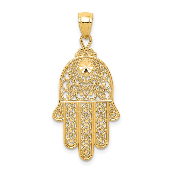 14K Solid Yellow Gold Diamond-Cut Filigree Hamsa Pendant