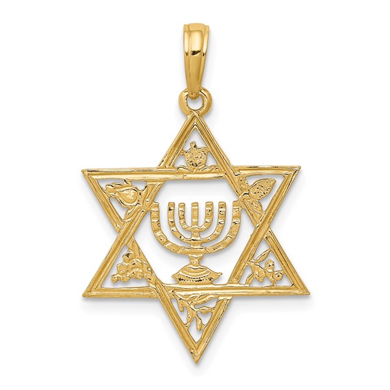 14K Yellow Gold Star Of David Menorah Pendant With Seven Species Motif