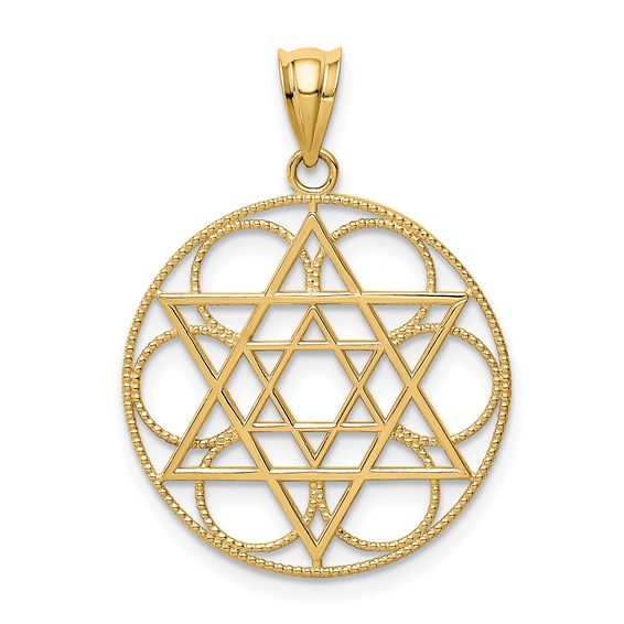 14K Yellow Gold Star Of David Circle Pendant