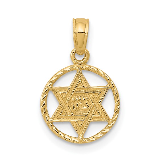 14K Yellow Gold Star Of David Zion Circle Frame Pendant