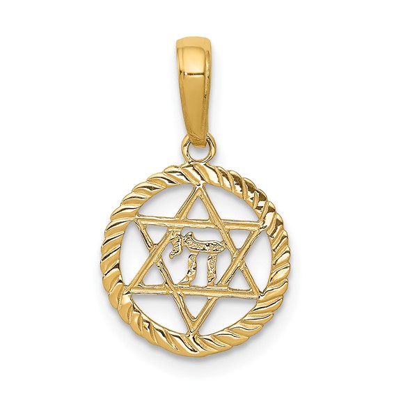 14K Yellow Gold Star Of David And Chai Circle Pendant