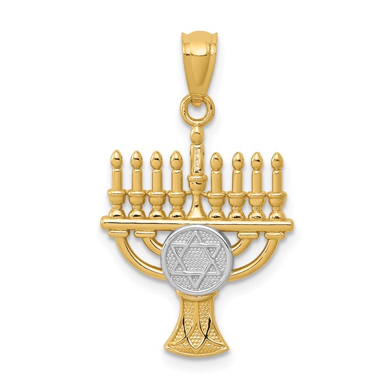 14K Yellow Gold With Rhodium Star Of David Menorah Pendant