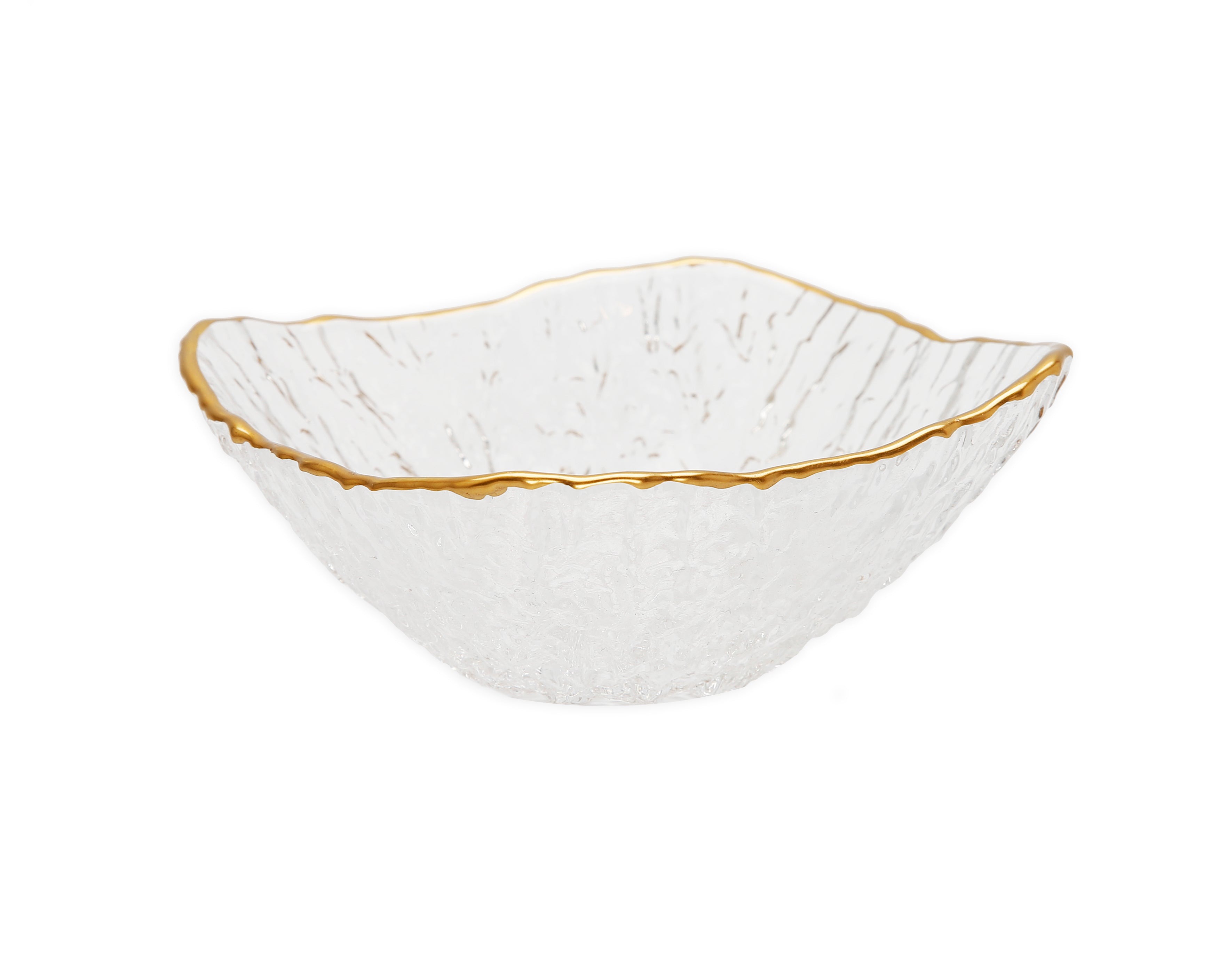 Set of 4 Crushed Glass Square Soup Bowls with Gold Rim - 6"L x 6"W x 2.25"H
