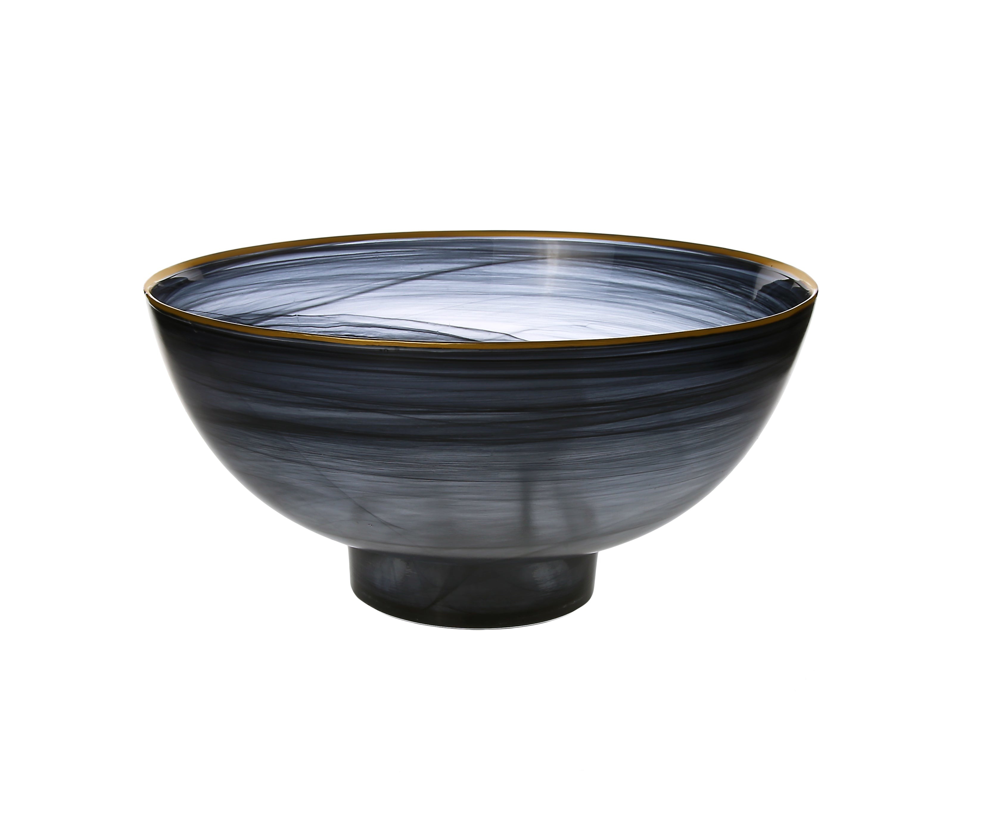 Black Alabaster Bowl with Base and Gold Scalloped - 10.5"D