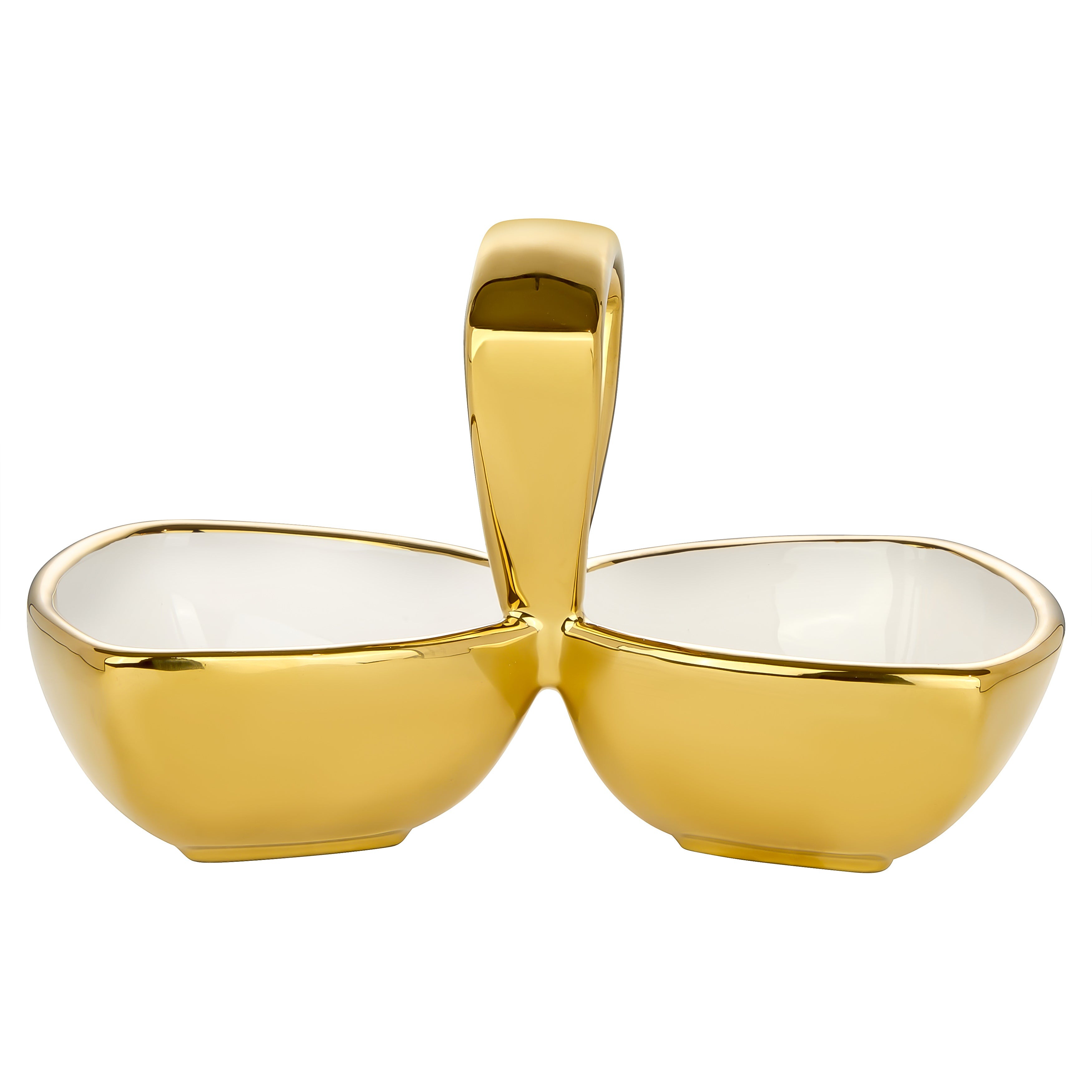 2 Ceramic Snack Bowl with Gold Outside and Handle
