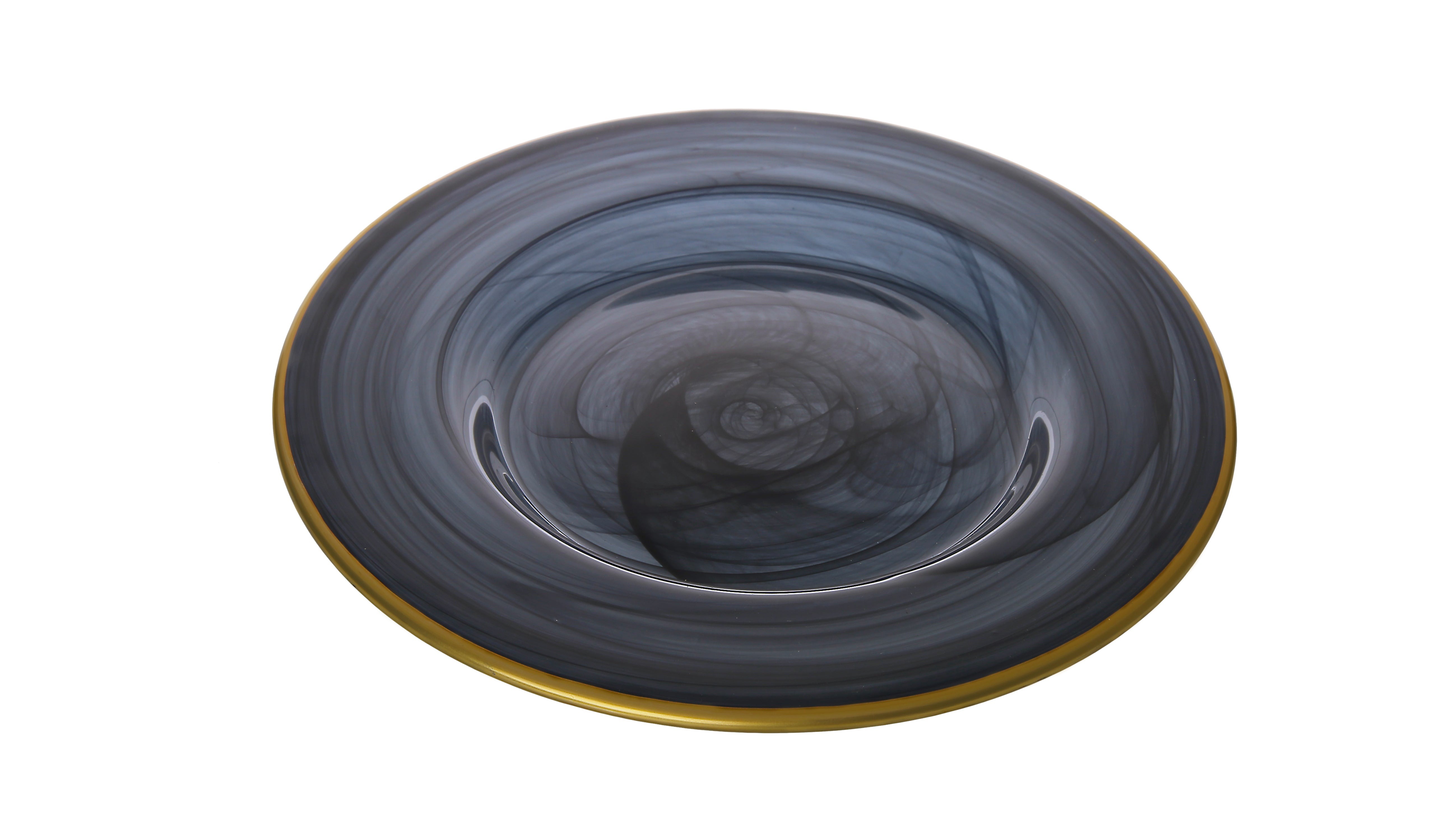 Set of 4 Black Alabaster Dinner Plates w Gold-Scalloped 11"D