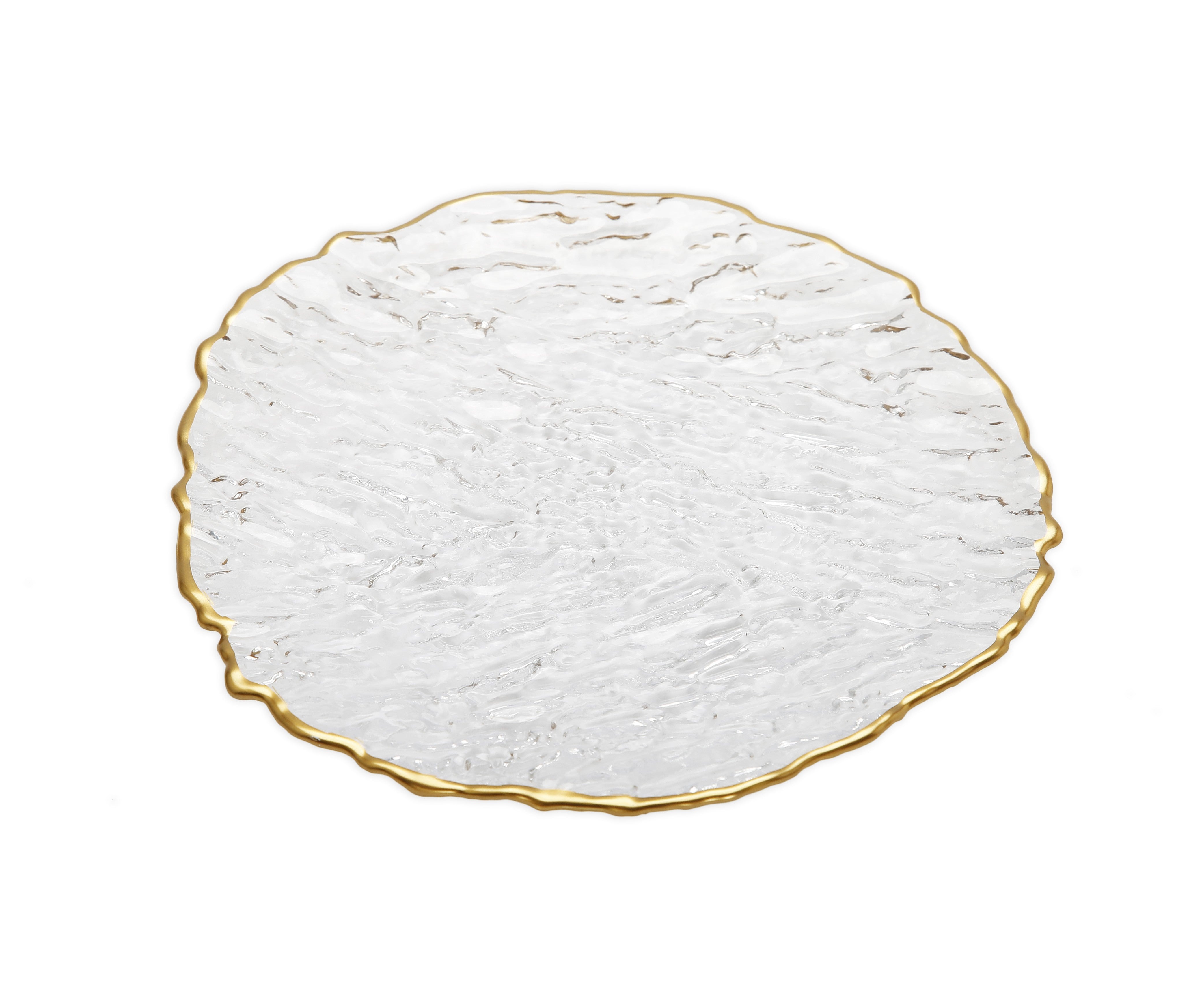 Set of 4 Crushed Glass Dinner Plates with Gold Rim - 11"D