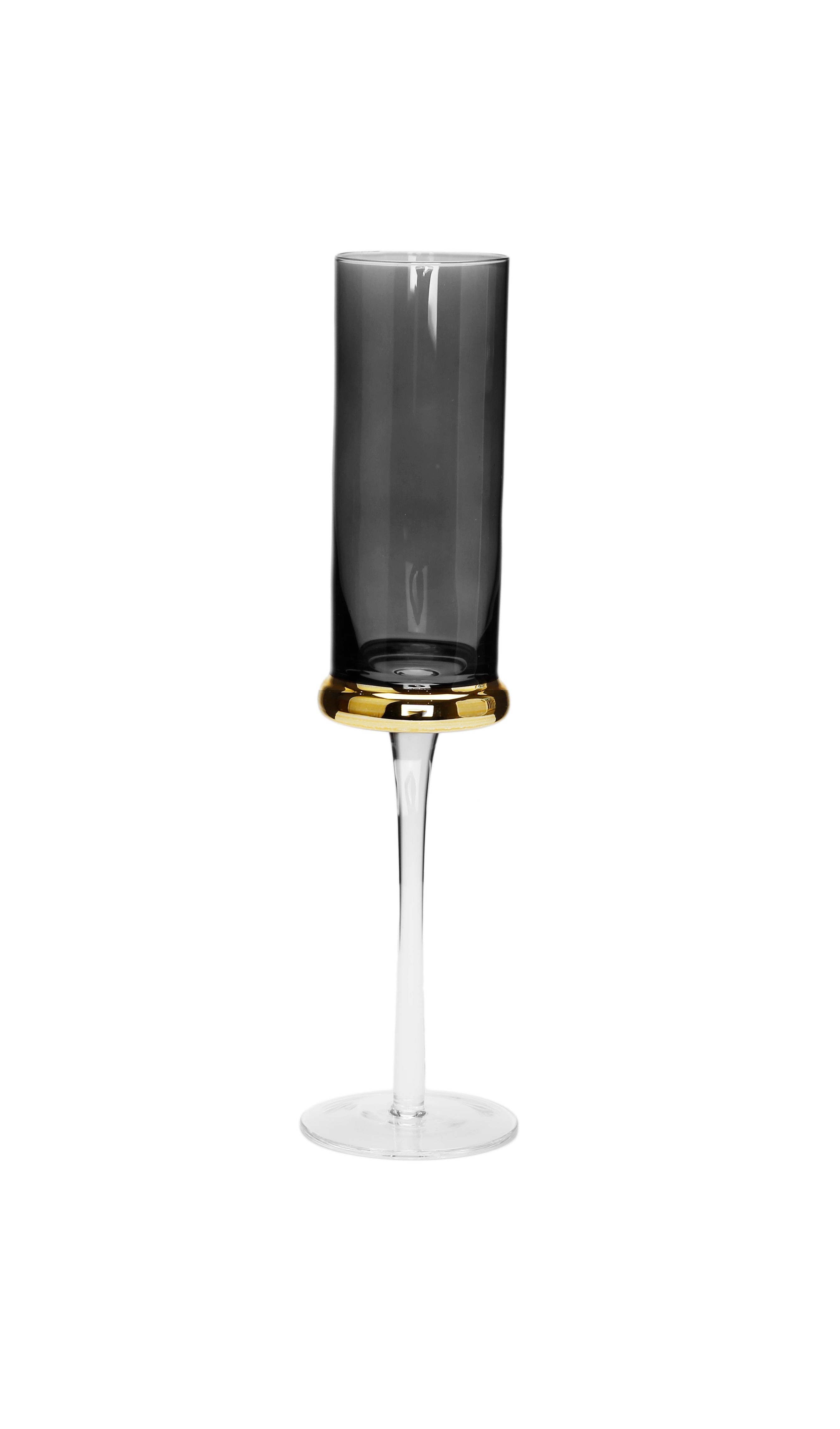 Set of 6 Flute Glasses Tinted Black with Gold Band