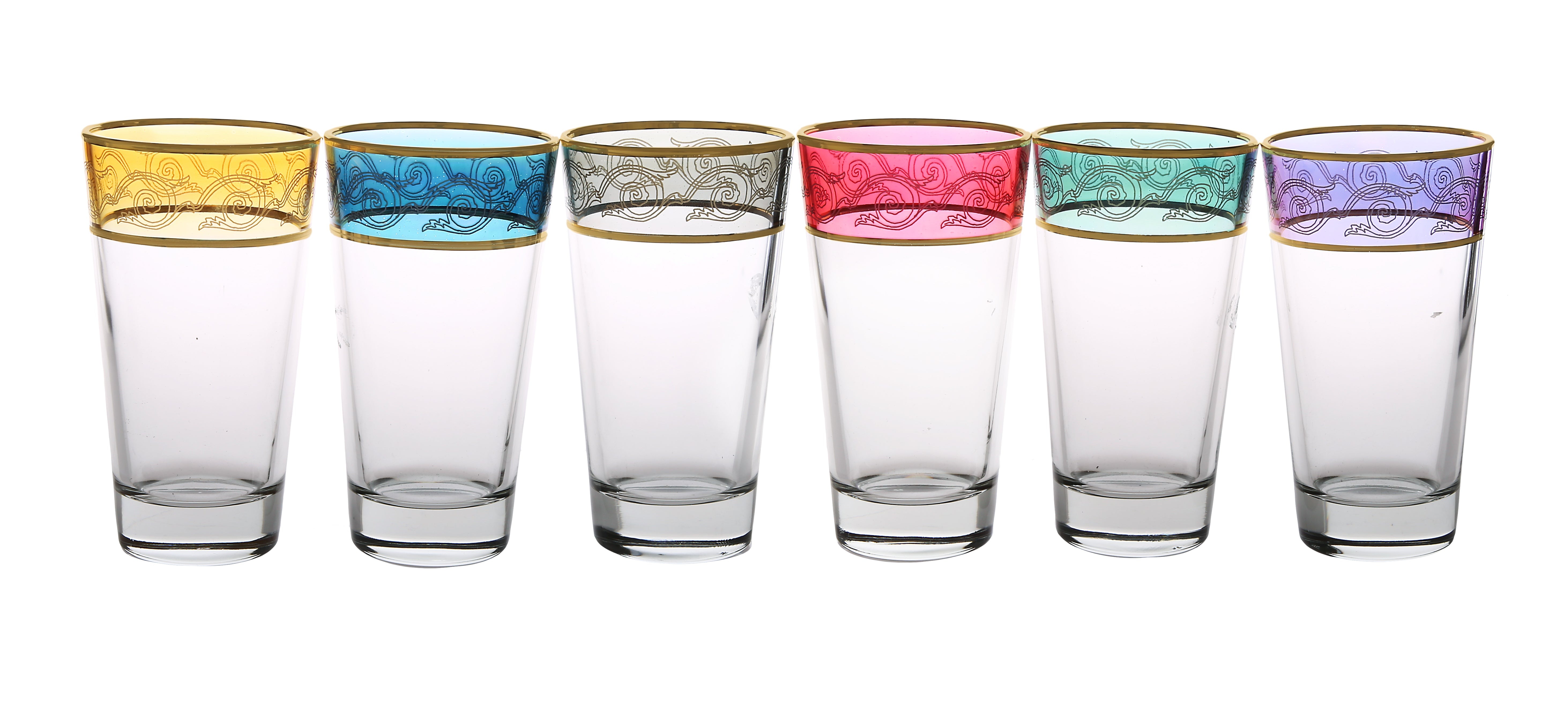 Set of 6 Assorted Colored Tumblers with Gold Design