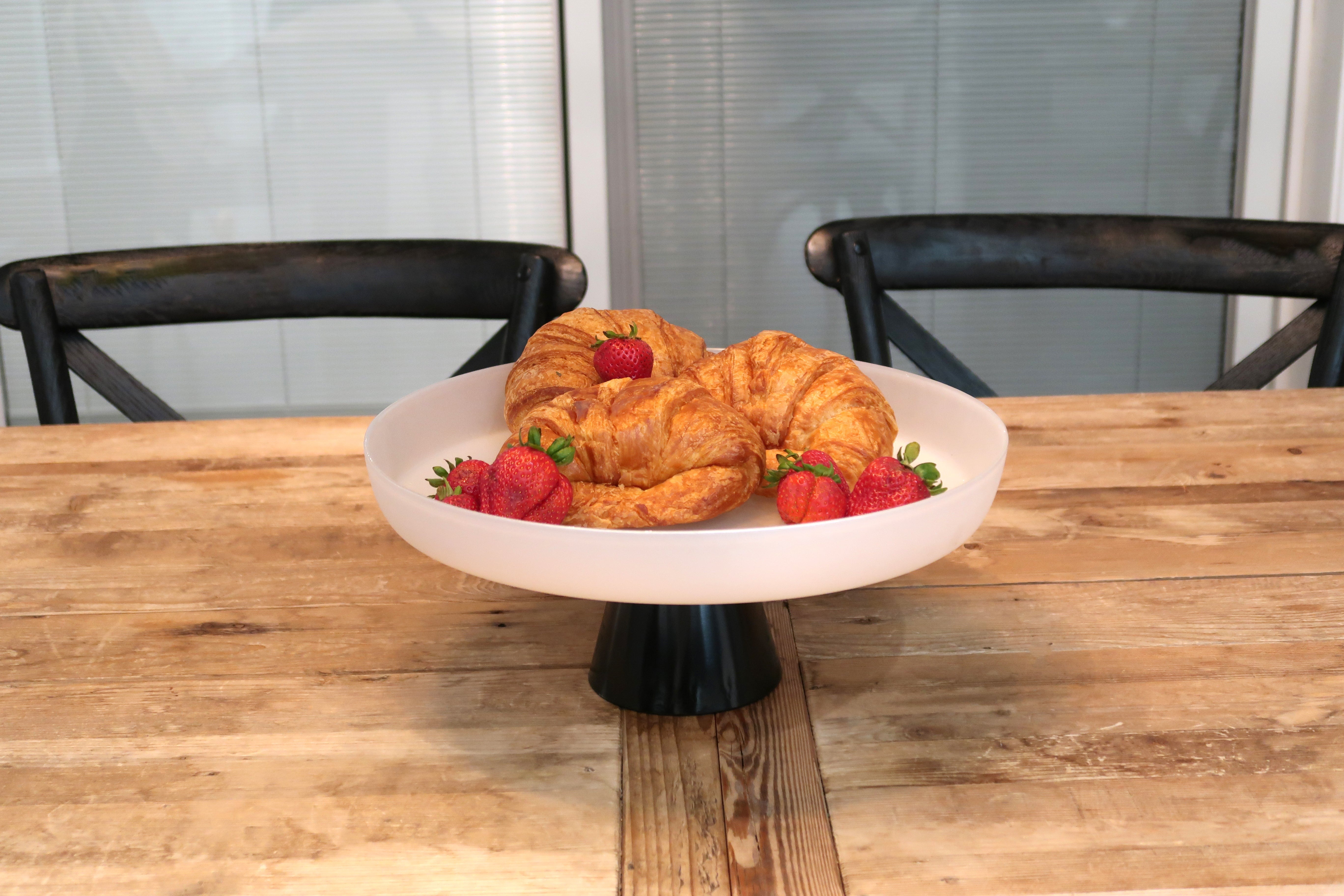 White Glass Cake Plate on Black Stem - Small