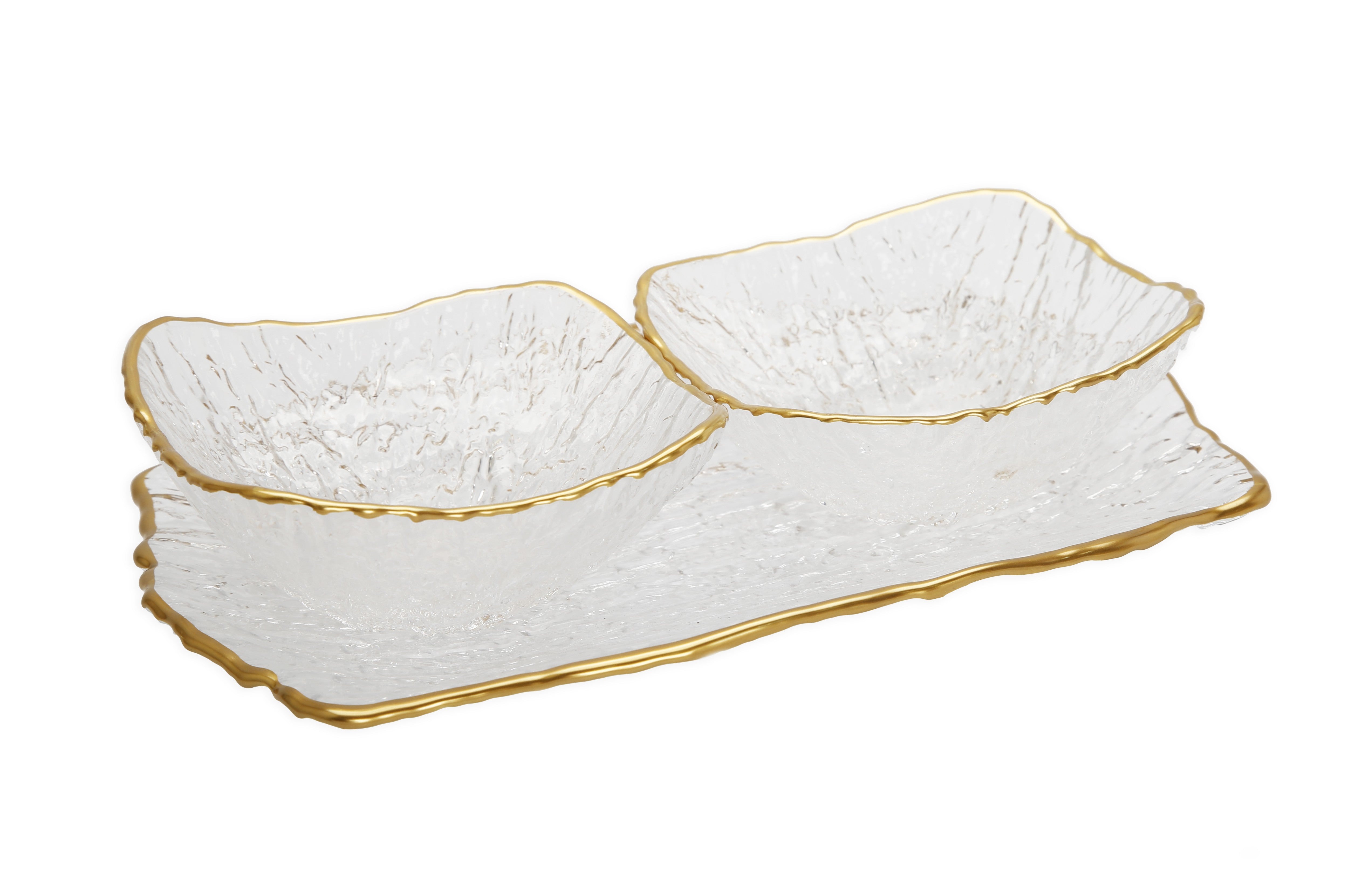Crushed Glass 2 Bowl Relish Dish with Gold Rim - 9.5"L x 7"W Bowls - 5"D
