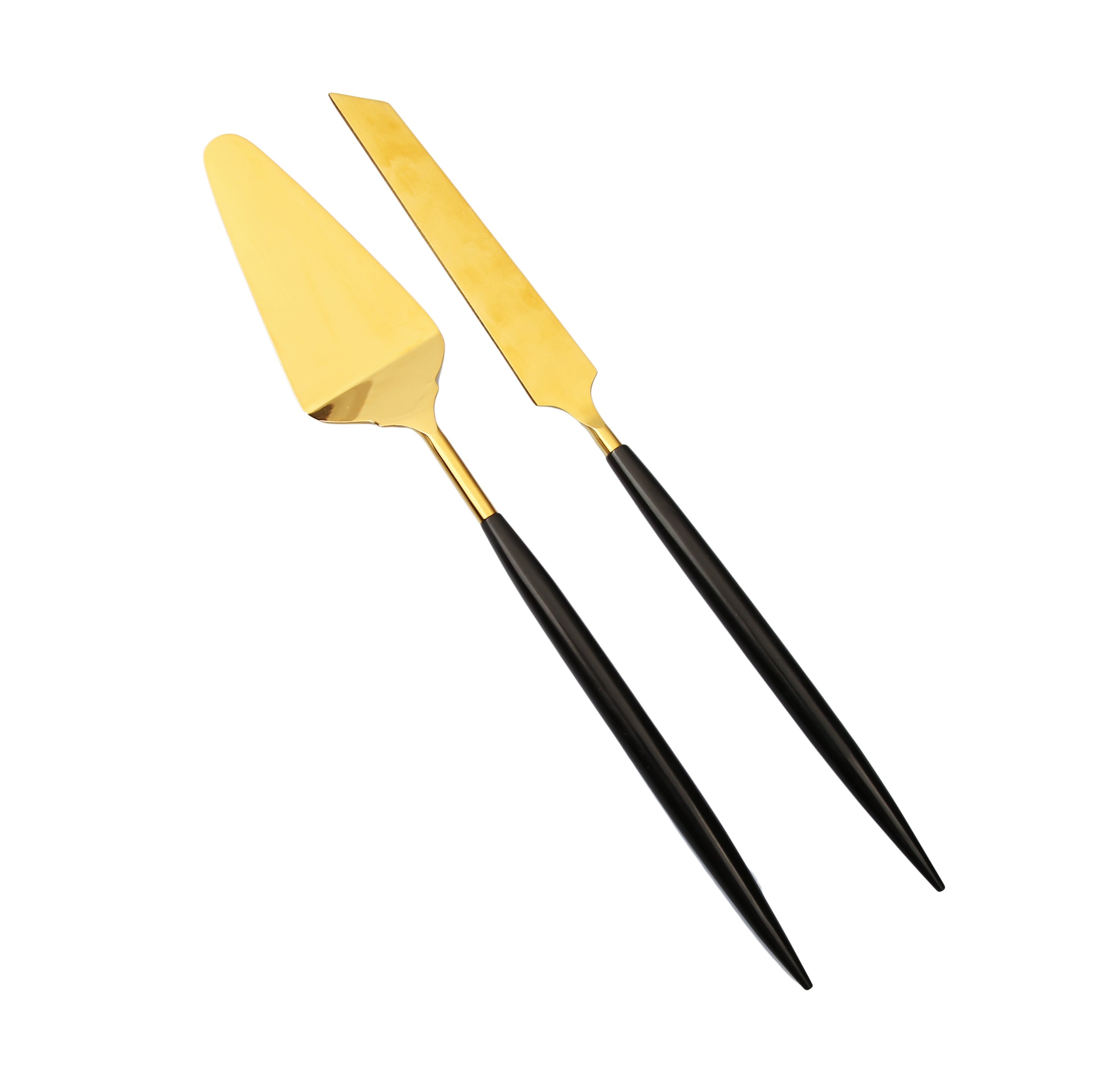 Set of 2 Shiny Gold Cakeservers with Neat Black Handles