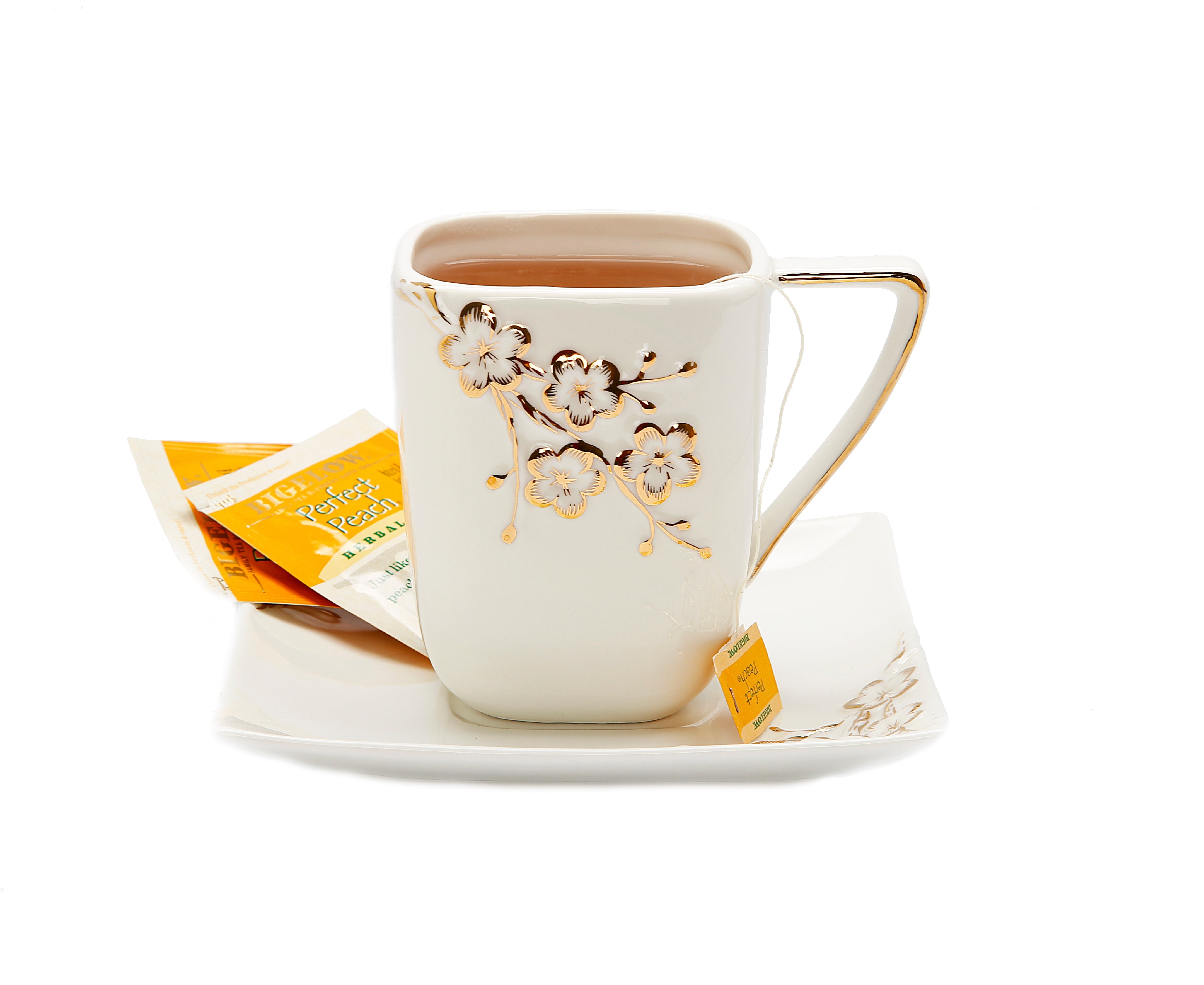 White Sqaure Tray W/ Mug Gold Floral Artwork Design