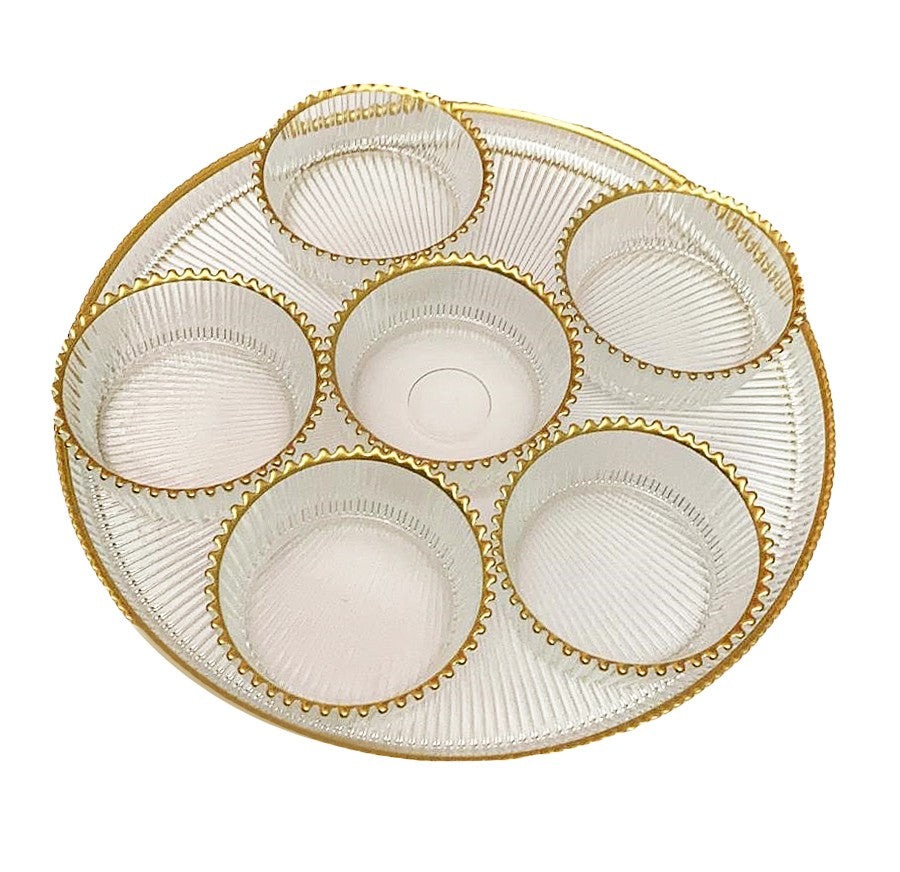 Glass Seder Tray with Gold Beaded Trim - with 6 Bowls 12"L 12"W 1.25"H