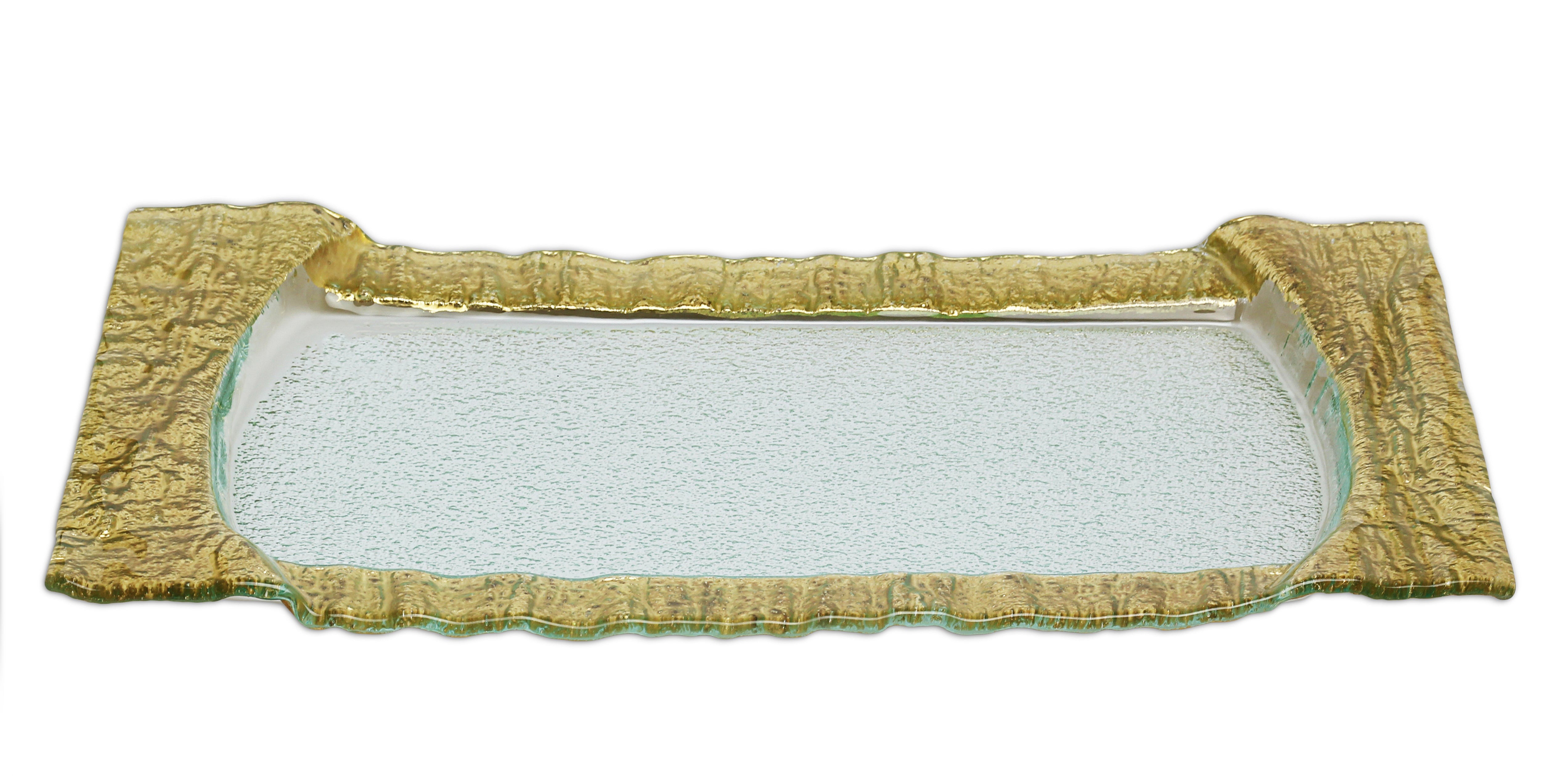 Large Rectangular glass Tray with Gold Design- 20"L x 12.5"W