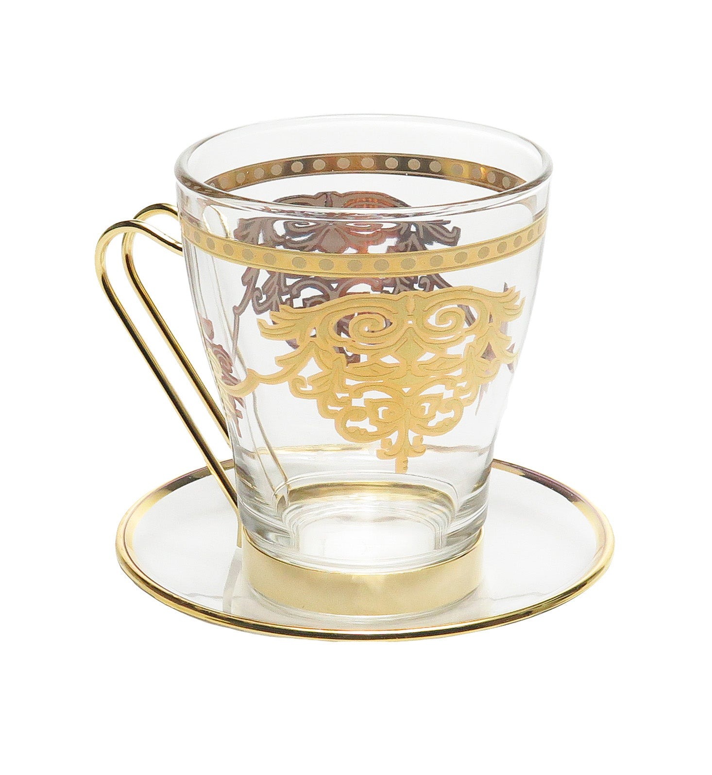 Set of 6 Tea Cups with Plates - 14K Gold Design-3"D x 4"H