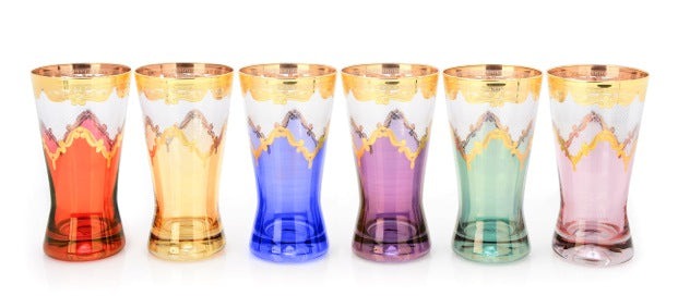 Set 6 Tumblers-Rich 24k Gold Artwork-Assorted Colors w Diamond Cuts 3.5"D x 6"H, 15oz