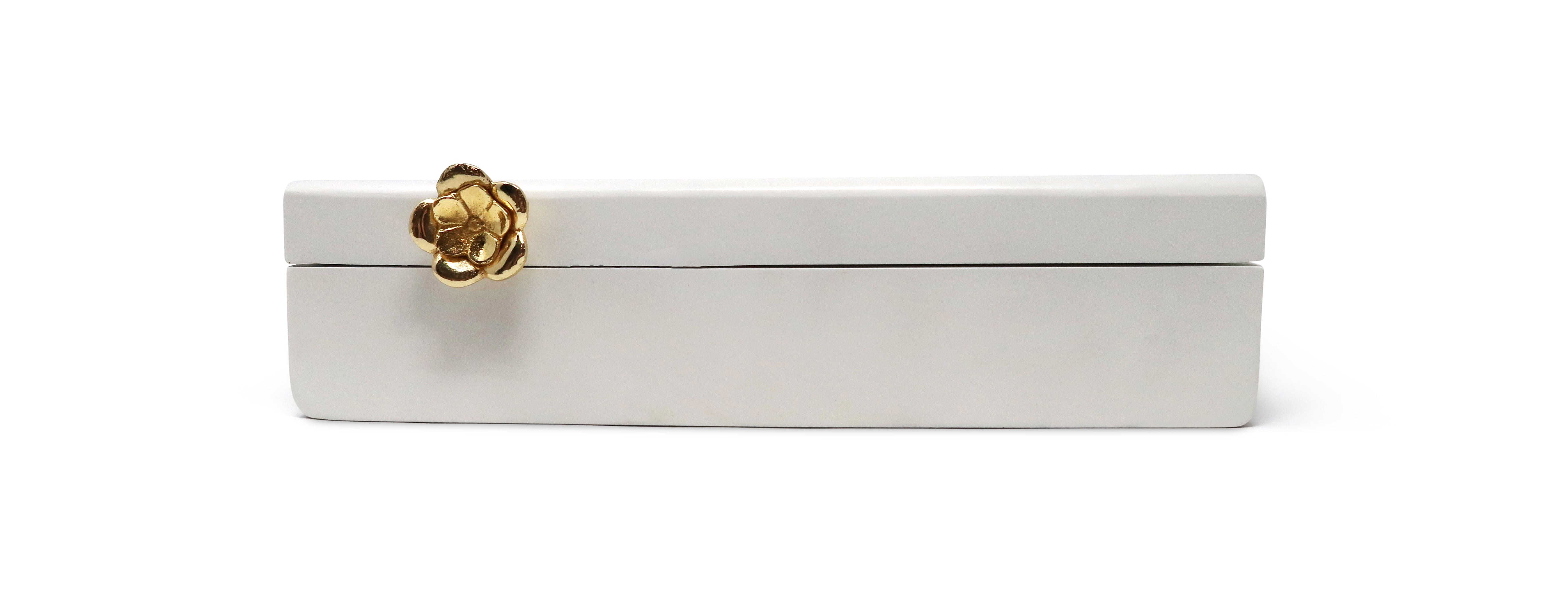 Rectangular White Wood Decorative Box Gold Flower Opener 12"