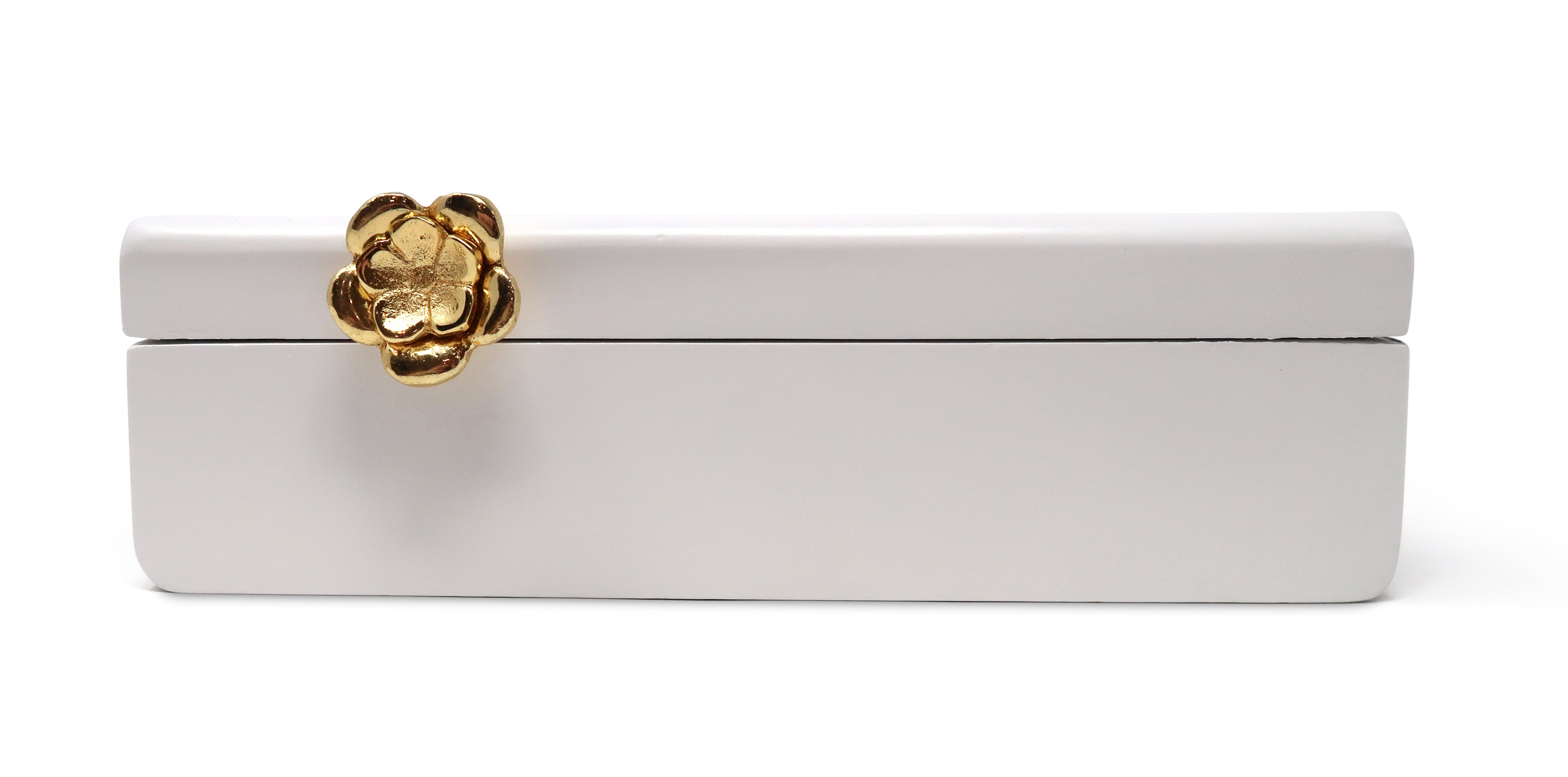 Rectangular White Wood Decorative Box Gold Flower Opener 10"