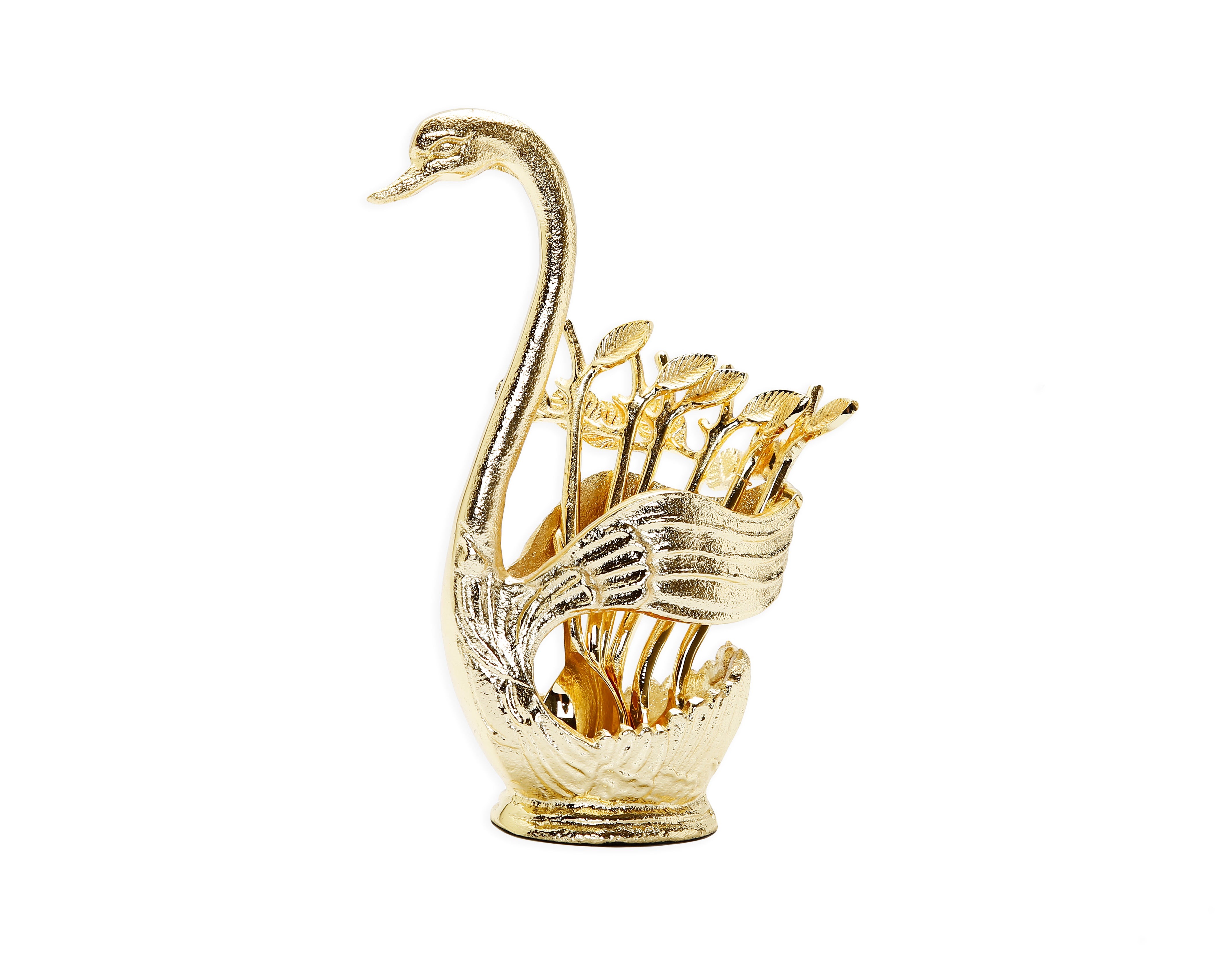 Gold Swan Dessert Spoon Holder W/ 6 Spoons