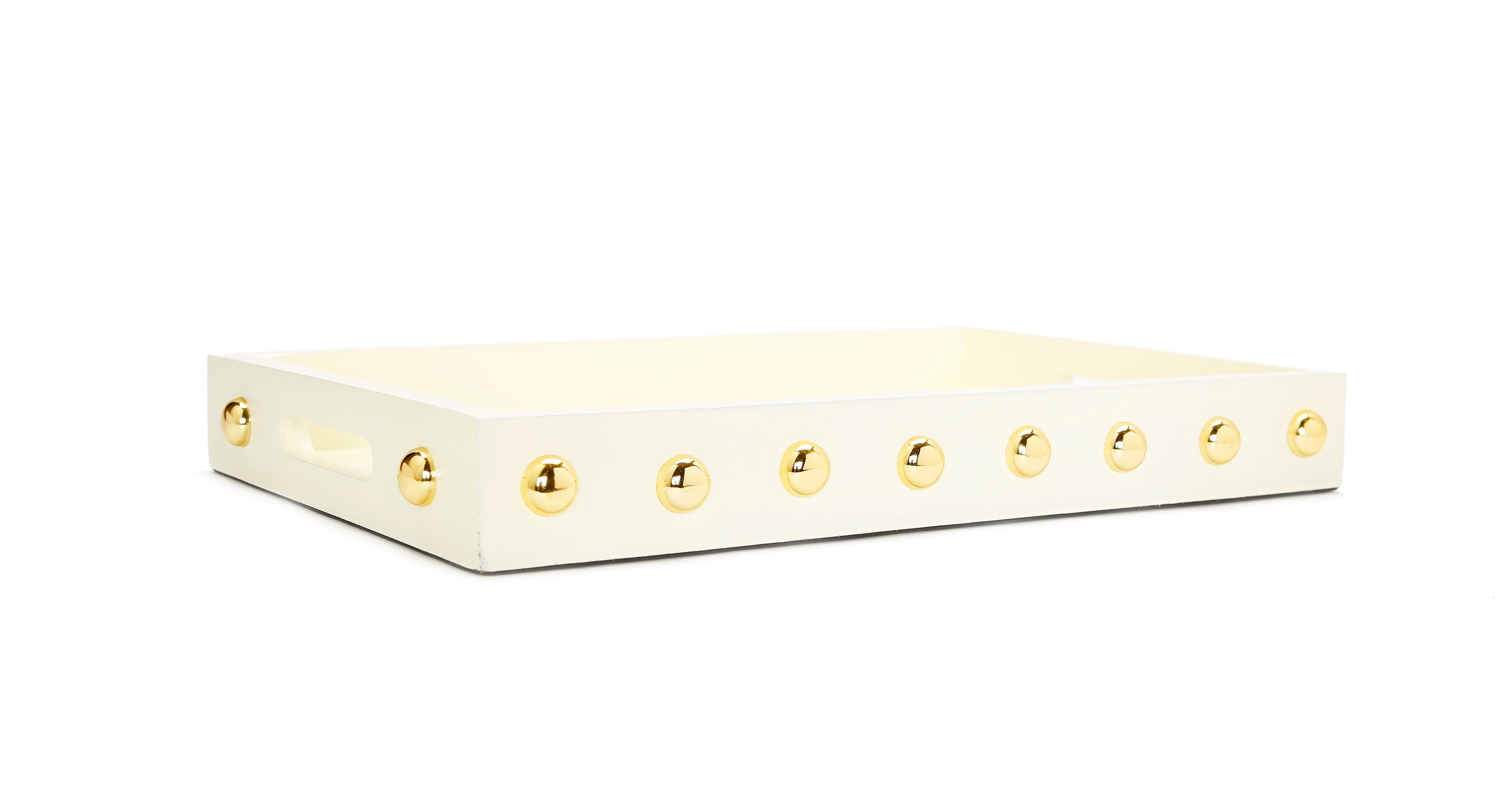 Beige Wood Decorative Tray W/ Shiny Gold ball design