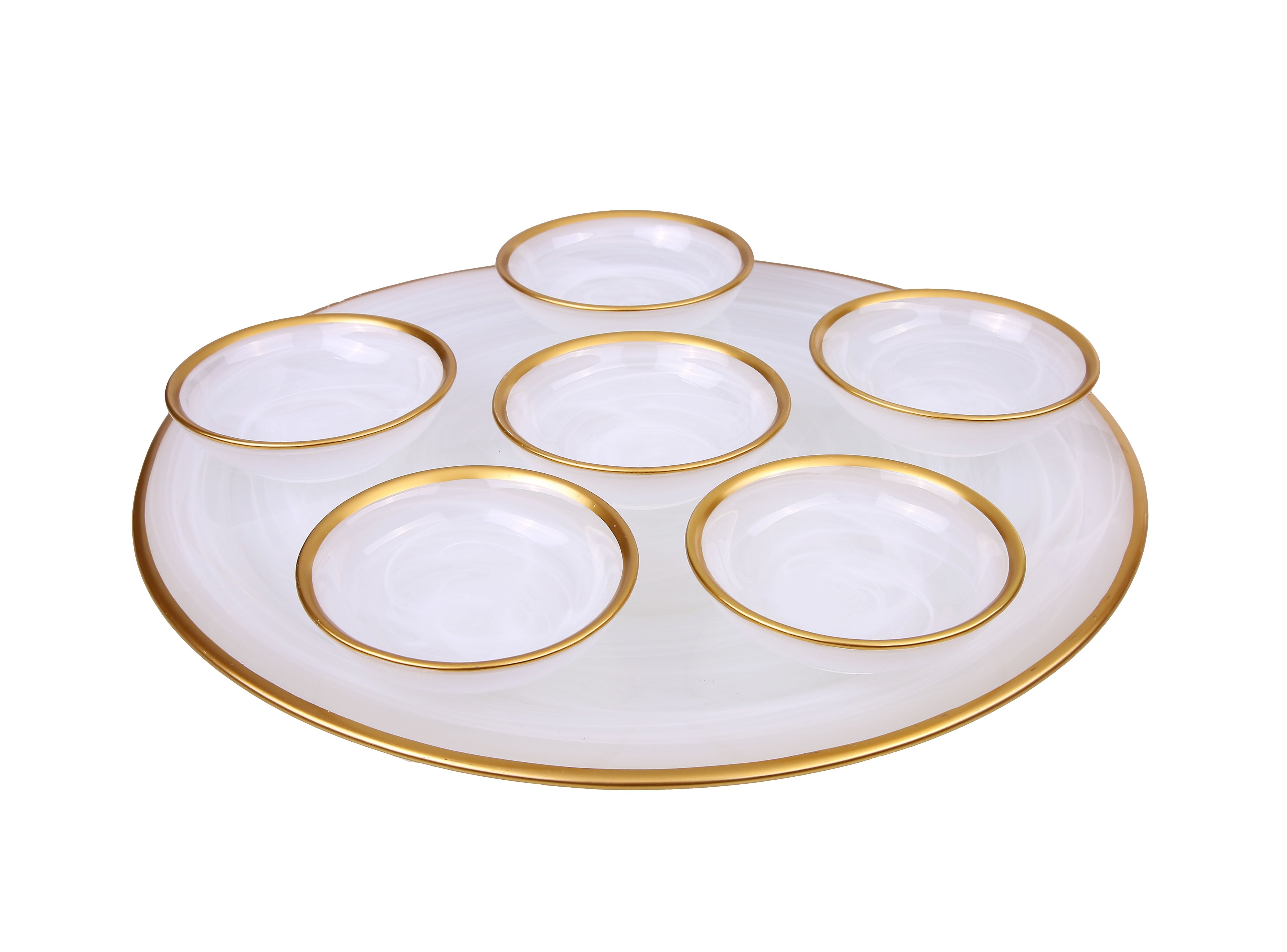 Alabaster White Seder Plate with Gold Rim - 12.75"D x 4.25"H