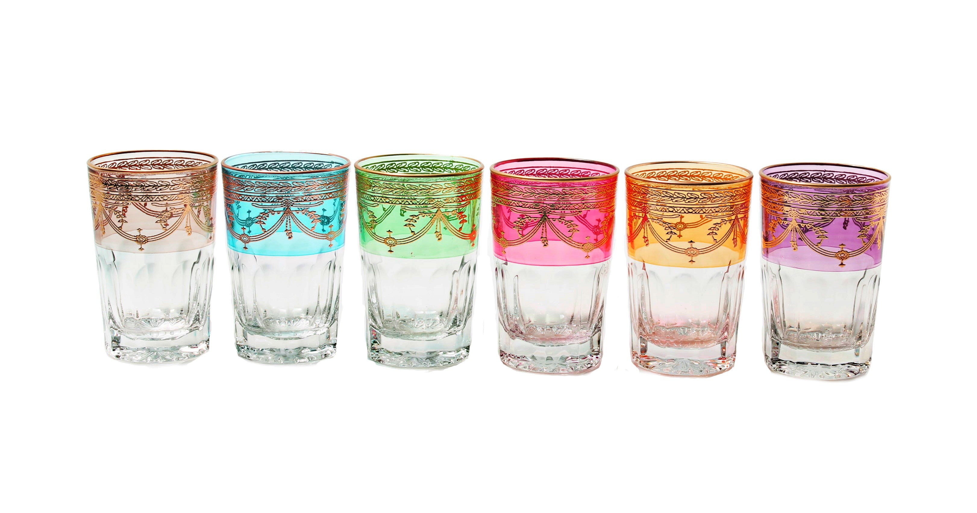 Set of 6 Colored Short Tumblers with Rich Gold Design- Dishwasher Safe-2.5"D x 4"H-