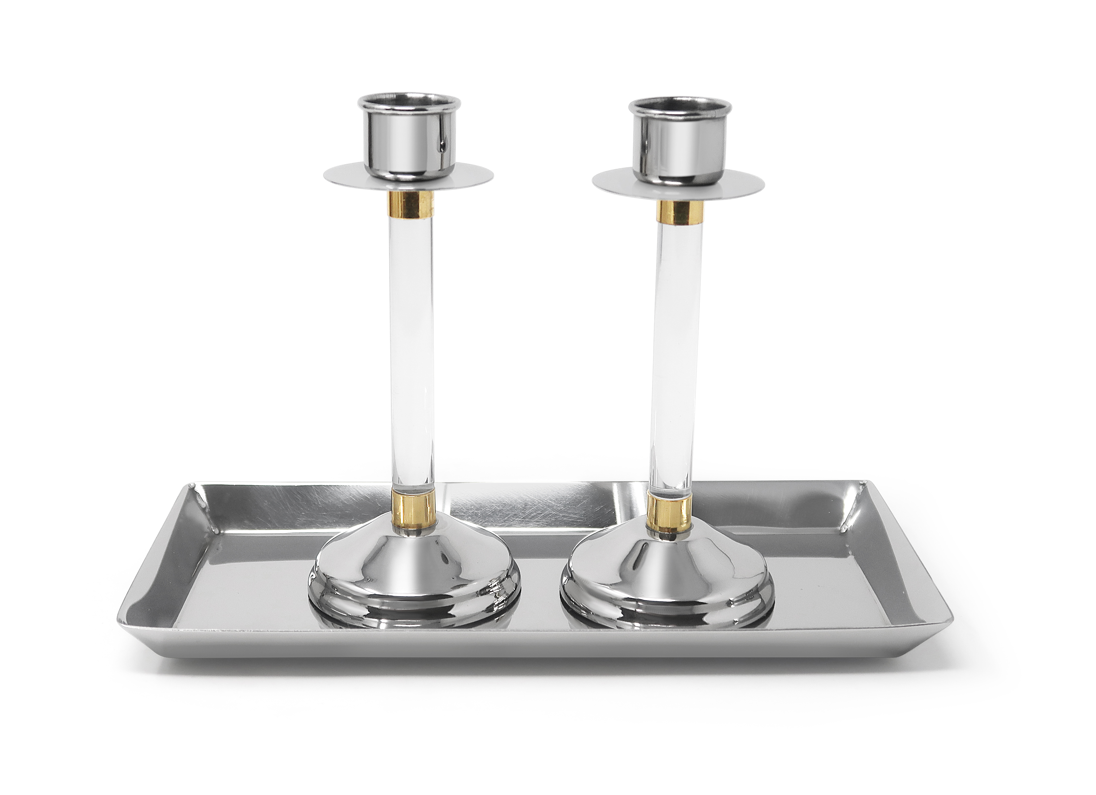 Set of 2 Stainless Steel Candlesticks Acrylic Stemmed with Tray